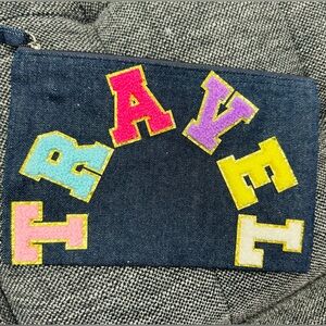 Denim Zipper Pouch & Wrislet with Chenille Letters new in excellent condition